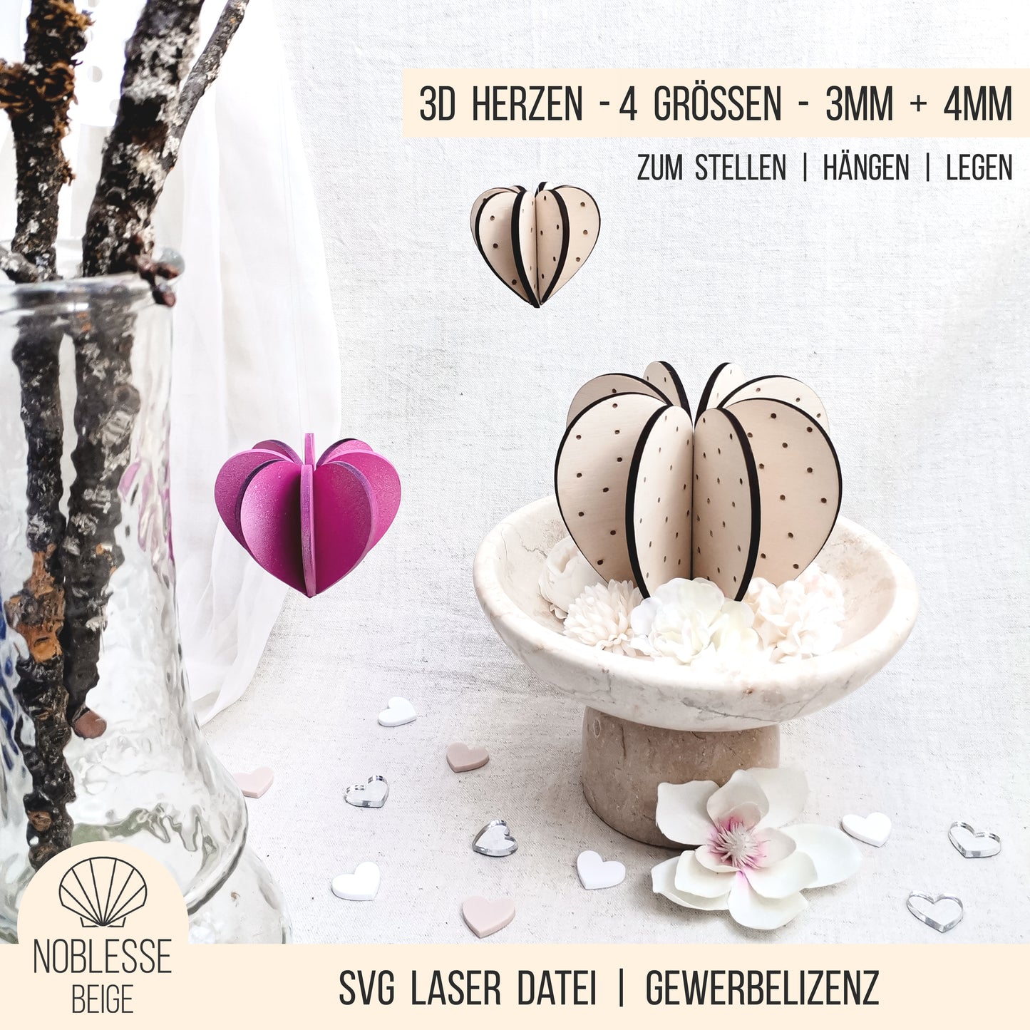 3D Herz * dreidimensionale Herzen zum Stecken * 3mm | 4mm * Bundle * SVG Laserdatei
