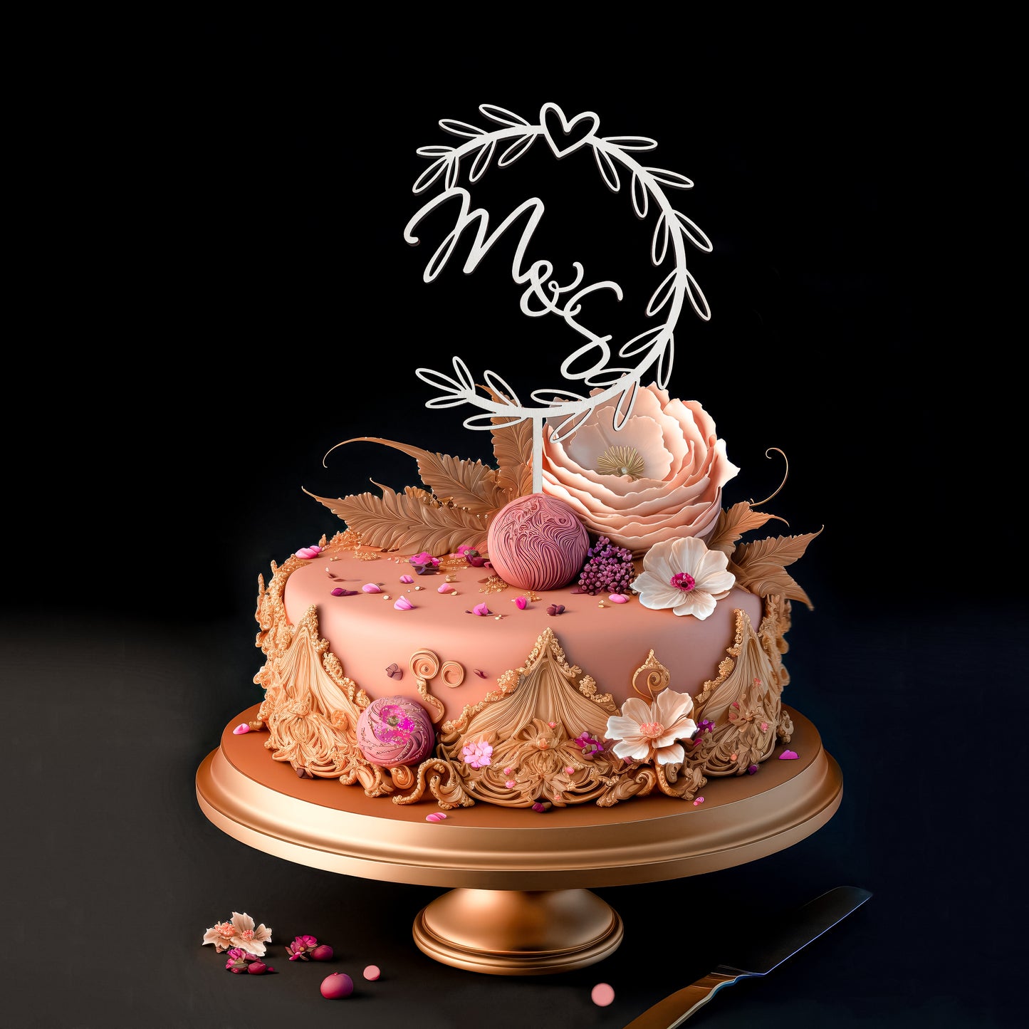Cake Topper* personalisiert mit Initialen * offener Blätterkranz mit Herz * Holz | Acryl