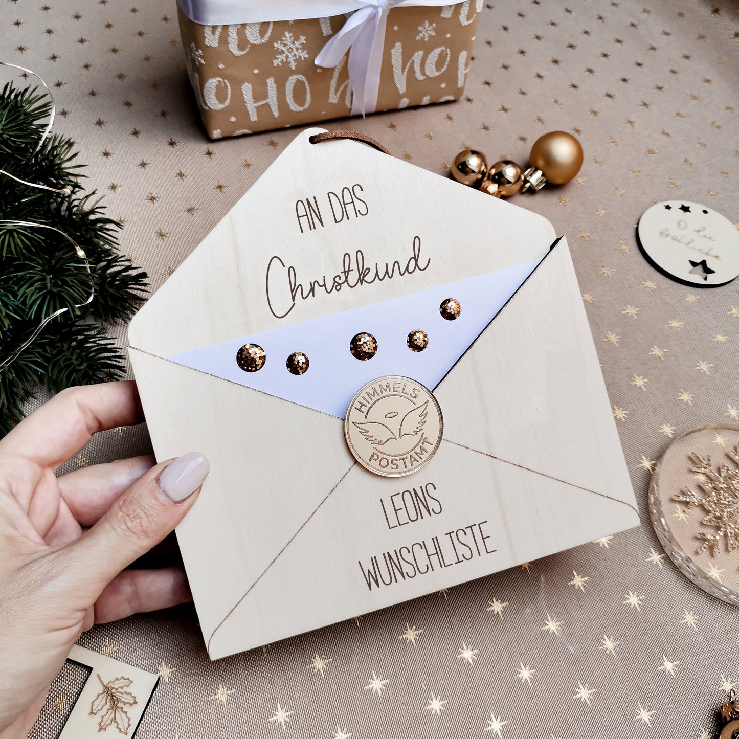 Personalisierbarer Briefumschlag für Wunschliste * Brief ans Christkind | Brief an den Weihnachtsmann * Briefkuvert aus Holz