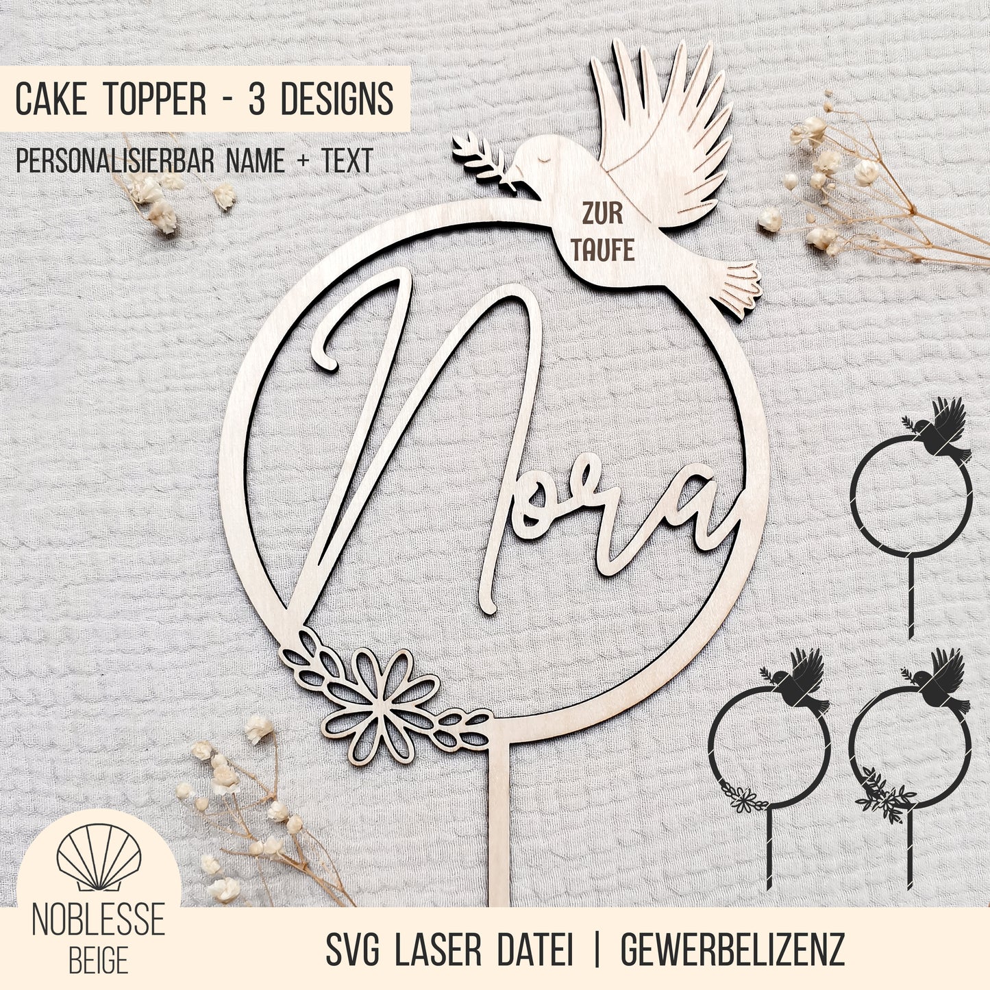 Cake Topper Taufe | Kommunion | Firmung * Taube im Kranz * 3 Designs * SVG Laserdatei