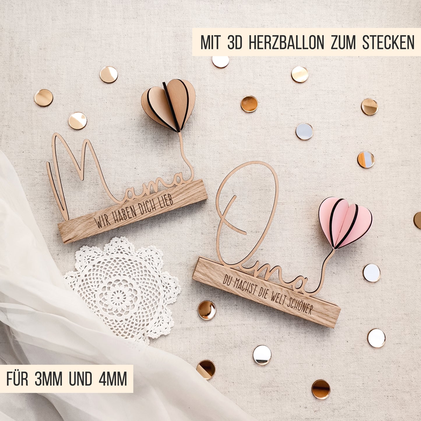 Mama | Oma Schriftzug mit 3D Herzballon * für Klötzchen 16cm * mit Klötzchen Gravuren * SVG Laserdatei