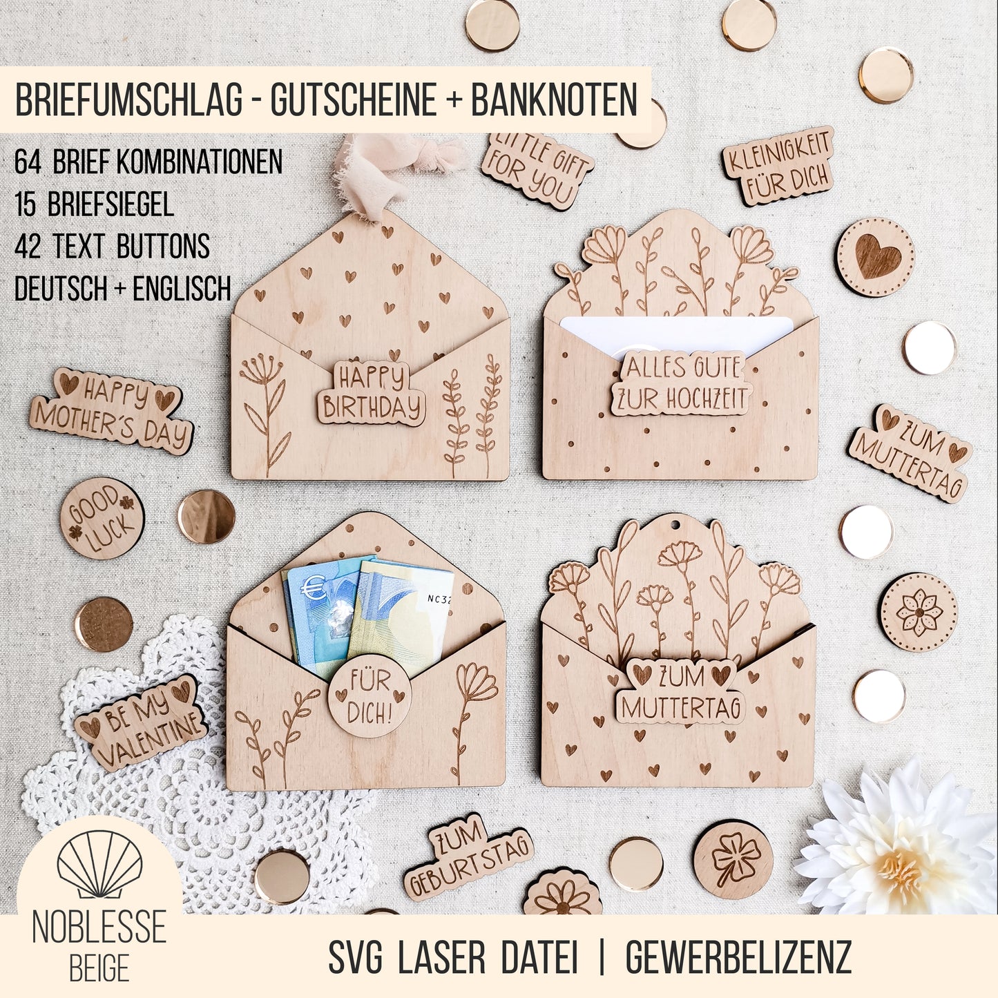 Briefumschlag mit Blumen * für Gutschein | Geld | Banknoten * Geschenk Geburtstag + diverse Anlässe* mit Buttons * SVG Laserdatei