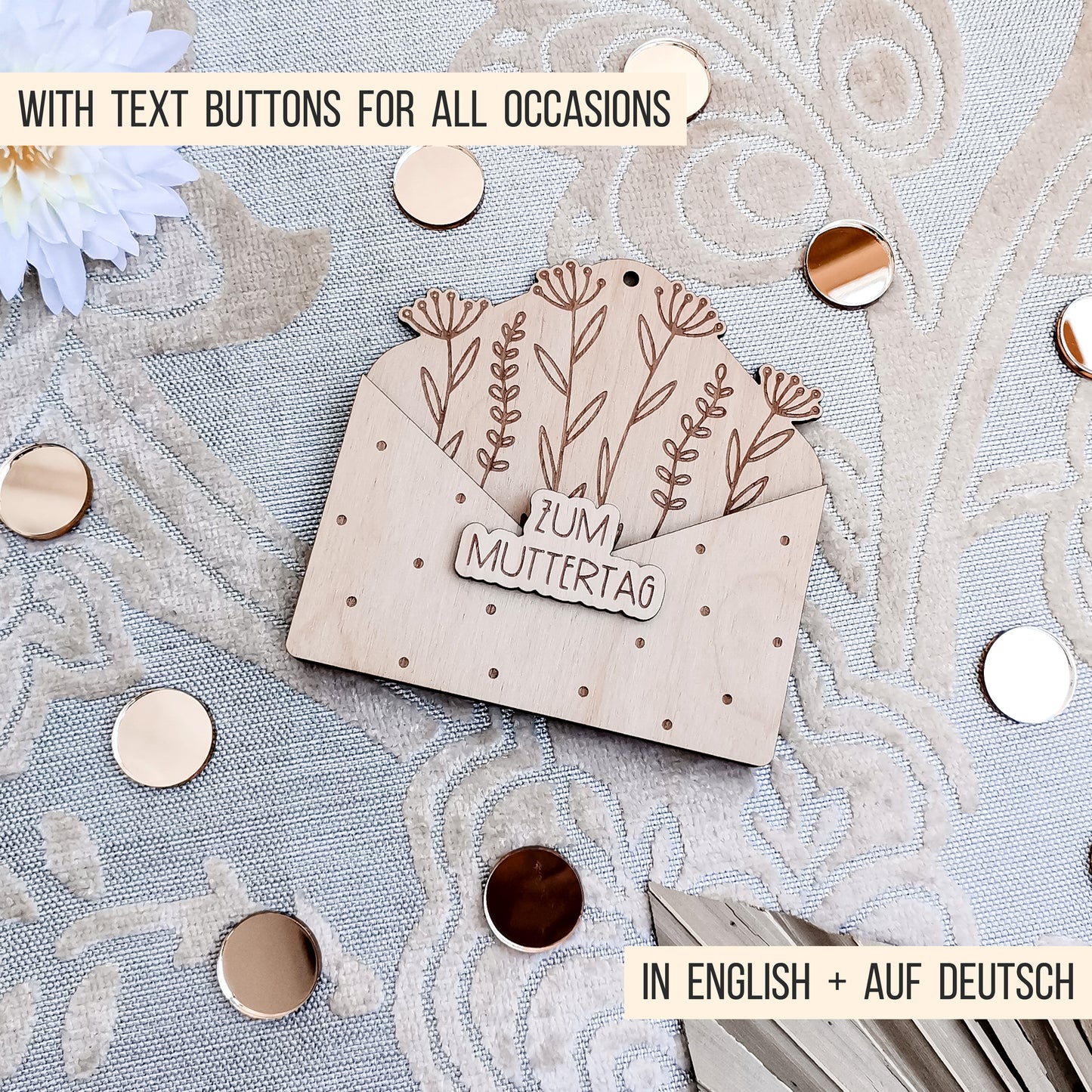 Briefumschlag mit Blumen * für Gutschein | Geld | Banknoten * Geschenk Geburtstag + diverse Anlässe* mit Buttons * SVG Laserdatei