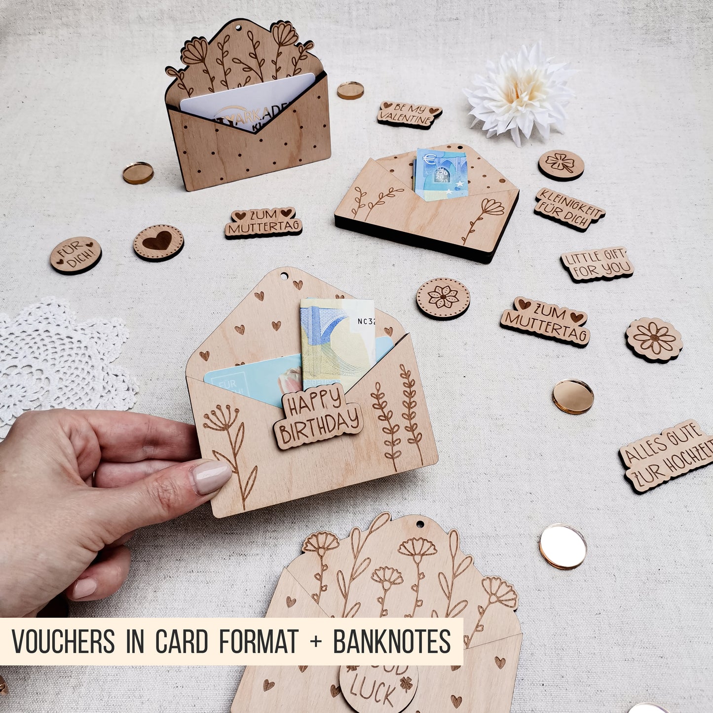 Briefumschlag mit Blumen * für Gutschein | Geld | Banknoten * Geschenk Geburtstag + diverse Anlässe* mit Buttons * SVG Laserdatei