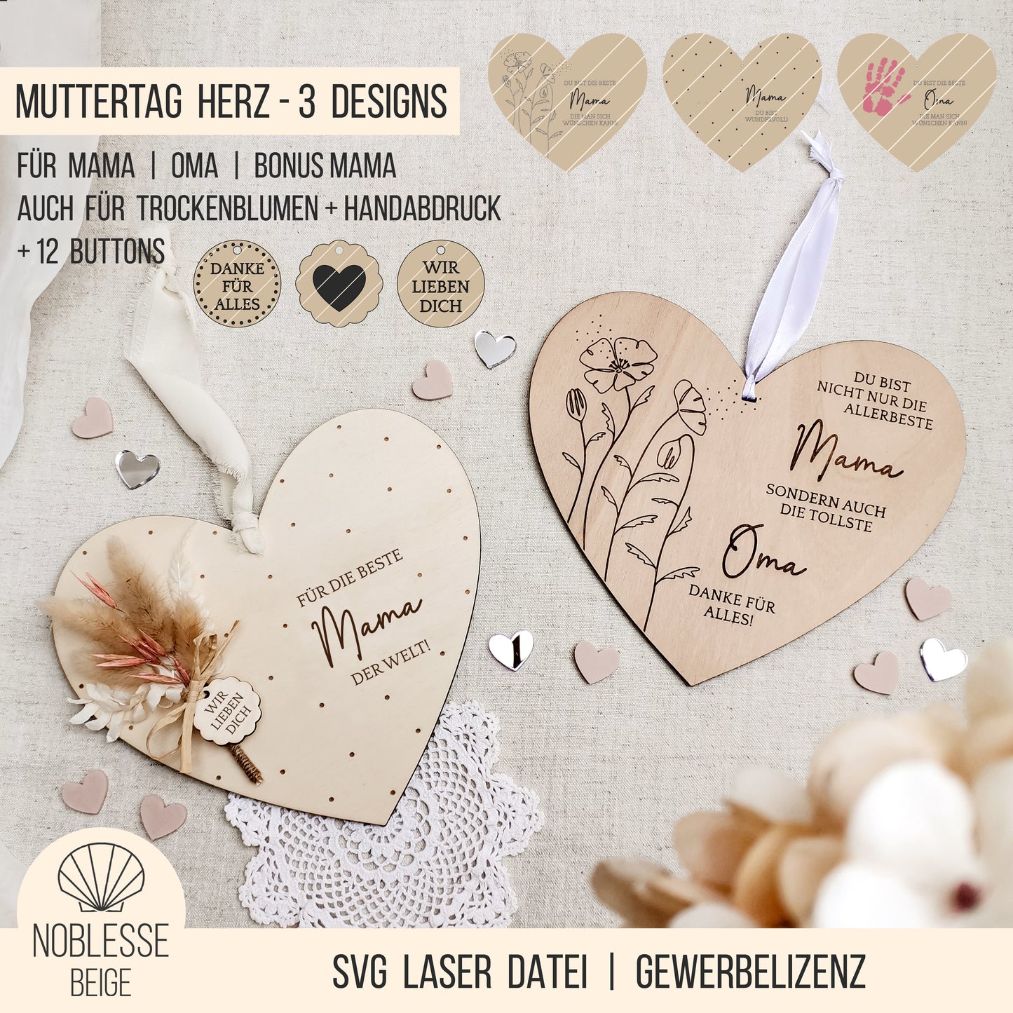 Herz Schild für Mama | Oma | Bonusmama * Geschenk Muttertag * mit Anhängern * Bundle * SVG Laserdatei