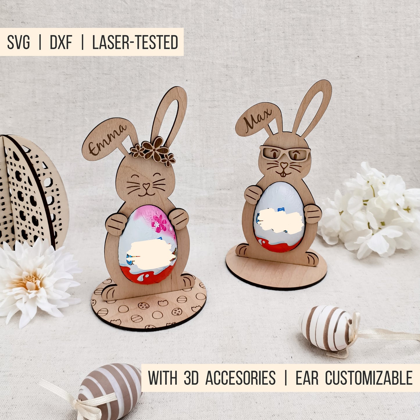 Osterhase Halter für Schokolade-Ei * personalisierbar * 3mm | 4mm * Bundle mit 3D Zubehör * SVG Laserdatei