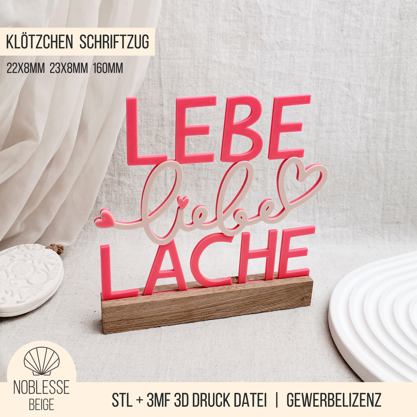 Lebe Liebe Lache Schriftzug für Klötzchen * 22x8x160mm | 23x8x160mm * STL + 3MF 3D Druckdatei