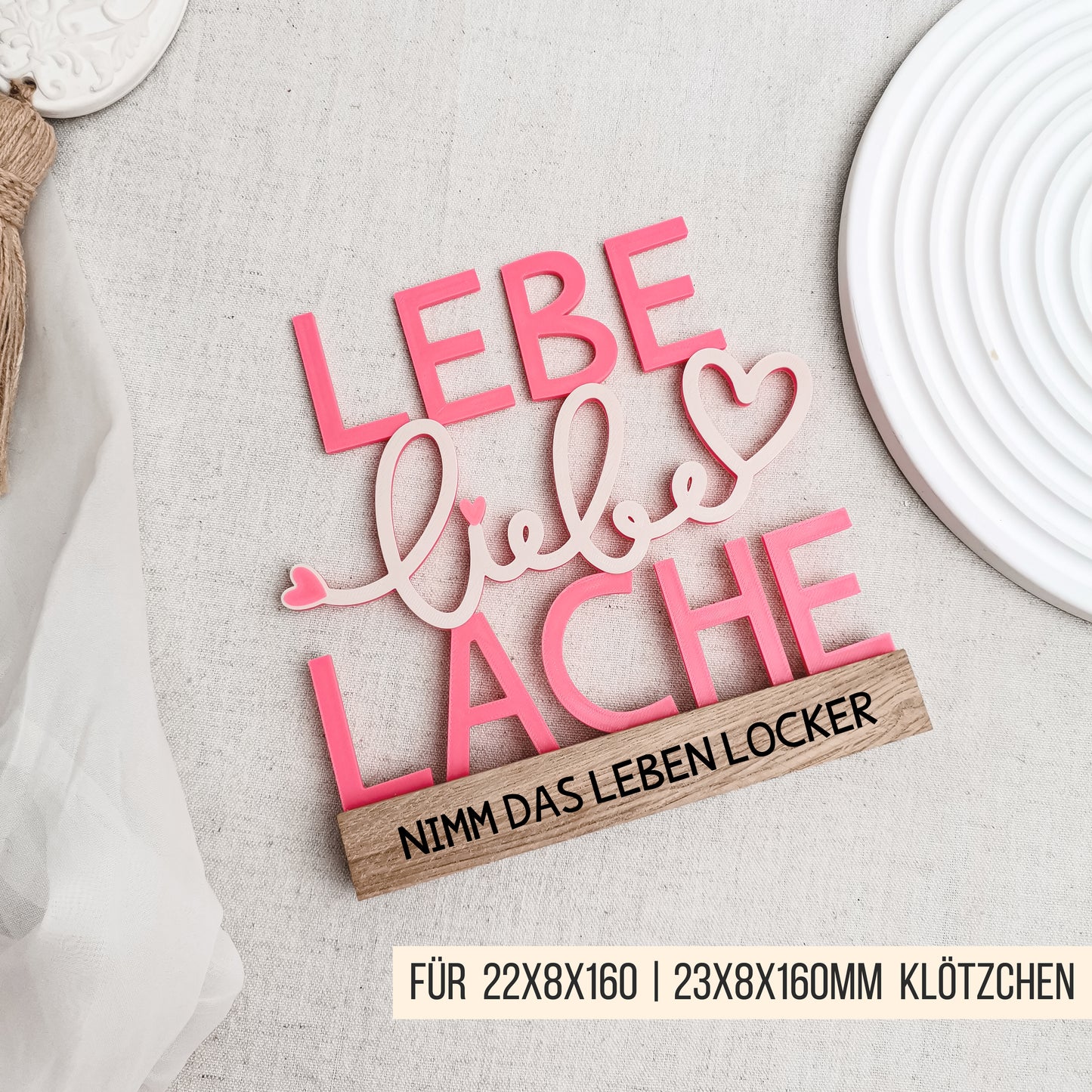 Lebe Liebe Lache Schriftzug für Klötzchen * 22x8x160mm | 23x8x160mm * STL + 3MF 3D Druckdatei