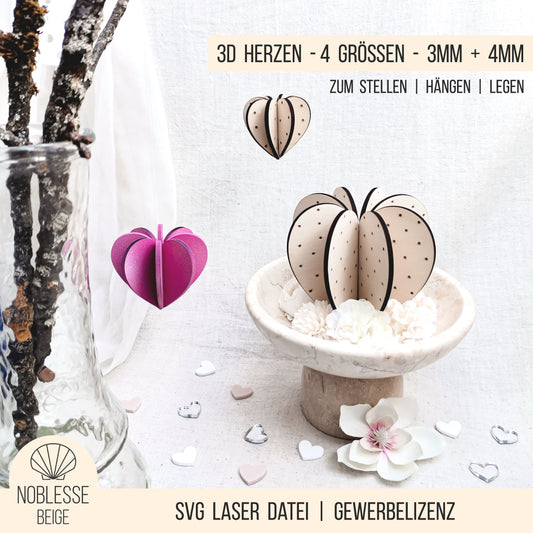 3D Herz * dreidimensionale Herzen zum Stecken * 3mm | 4mm * Bundle * SVG Laserdatei