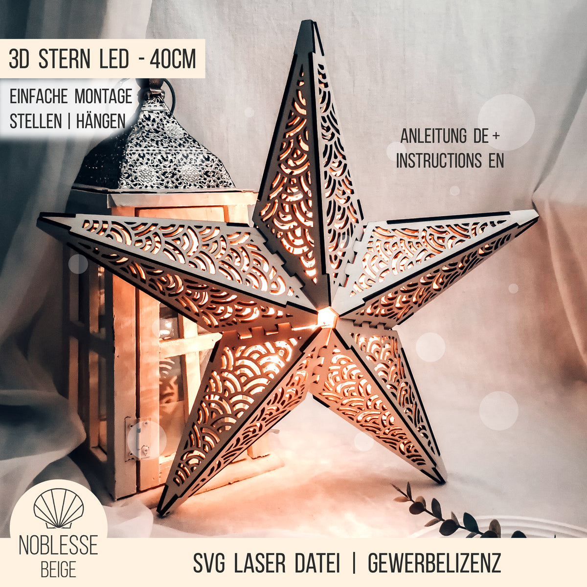 3D Stern Design Bögen Skandi | 40cm LED Leuchtstern Lampe | SVG Laserdatei