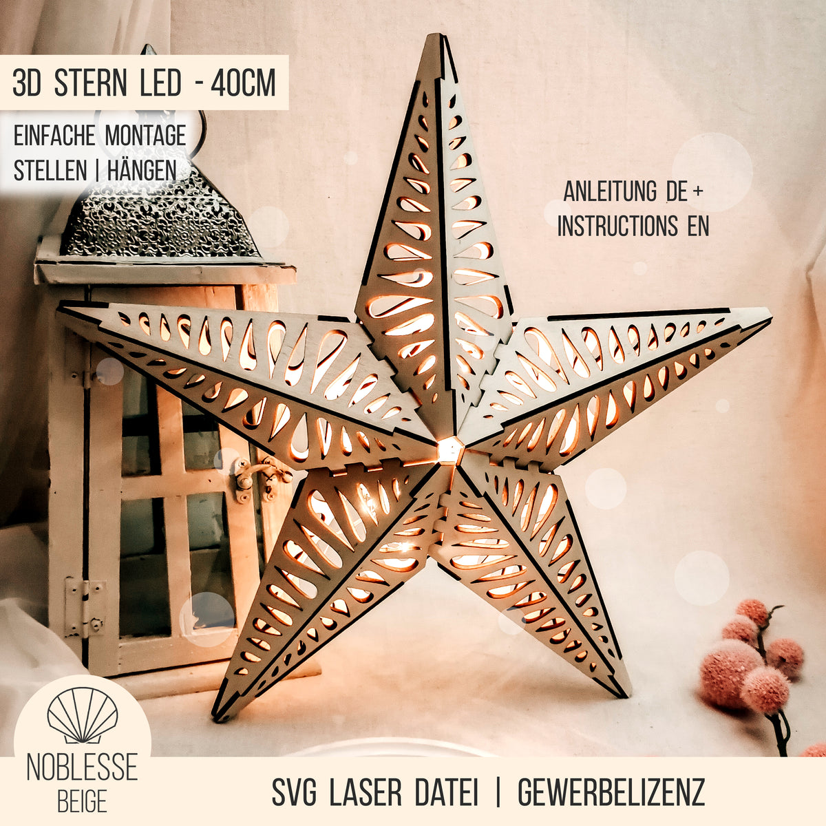3D Stern Design Tropfen Skandi | 40cm LED Leuchtstern | SVG Laserdatei
