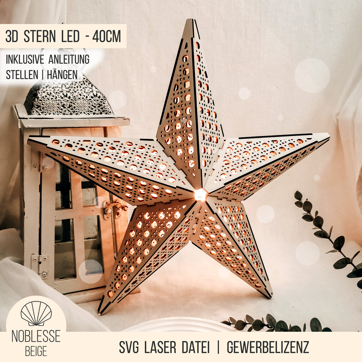 3D Stern Design Wiener Geflecht Rattan | 40cm LED Leuchtstern | SVG Laserdatei