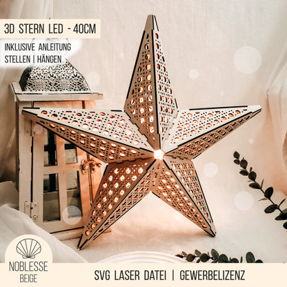 3D Stern Design Wiener Geflecht Rattan | 40cm LED Leuchtstern | SVG Laserdatei