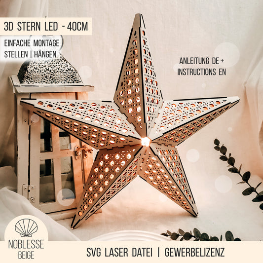 3D Stern Design Wiener Geflecht Rattan | 40cm LED Leuchtstern | SVG Laserdatei