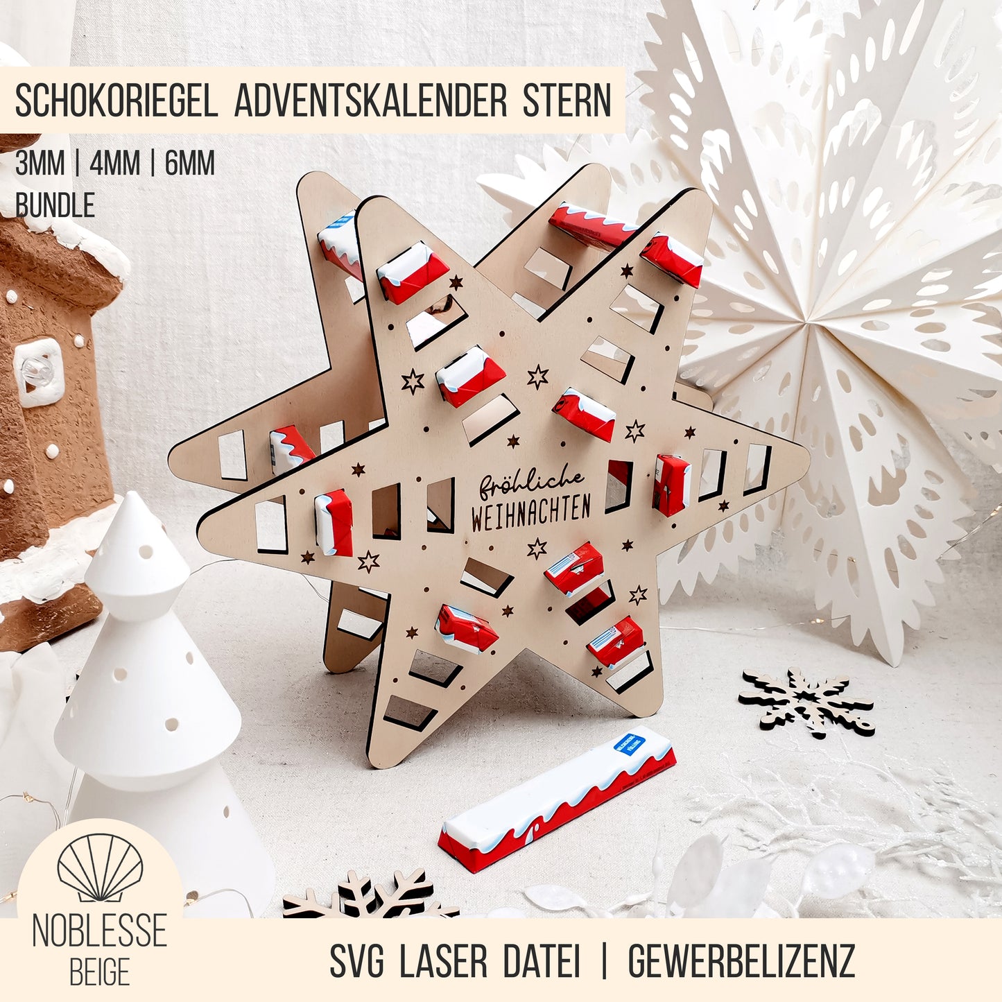 Adventskalender Stern für lange orange-weisse Schokoriegel * 3mm | 4mm | 6mm * Bundle * SVG Laserdatei