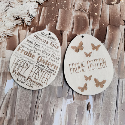 Anhänger Ostereier * 2-Set aus Holz * Design Schmetterlinge & Frohe Ostern Sprachen