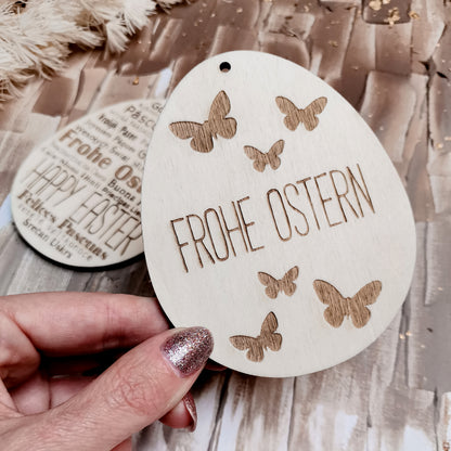 Anhänger Ostereier * 2-Set aus Holz * Design Schmetterlinge & Frohe Ostern Sprachen