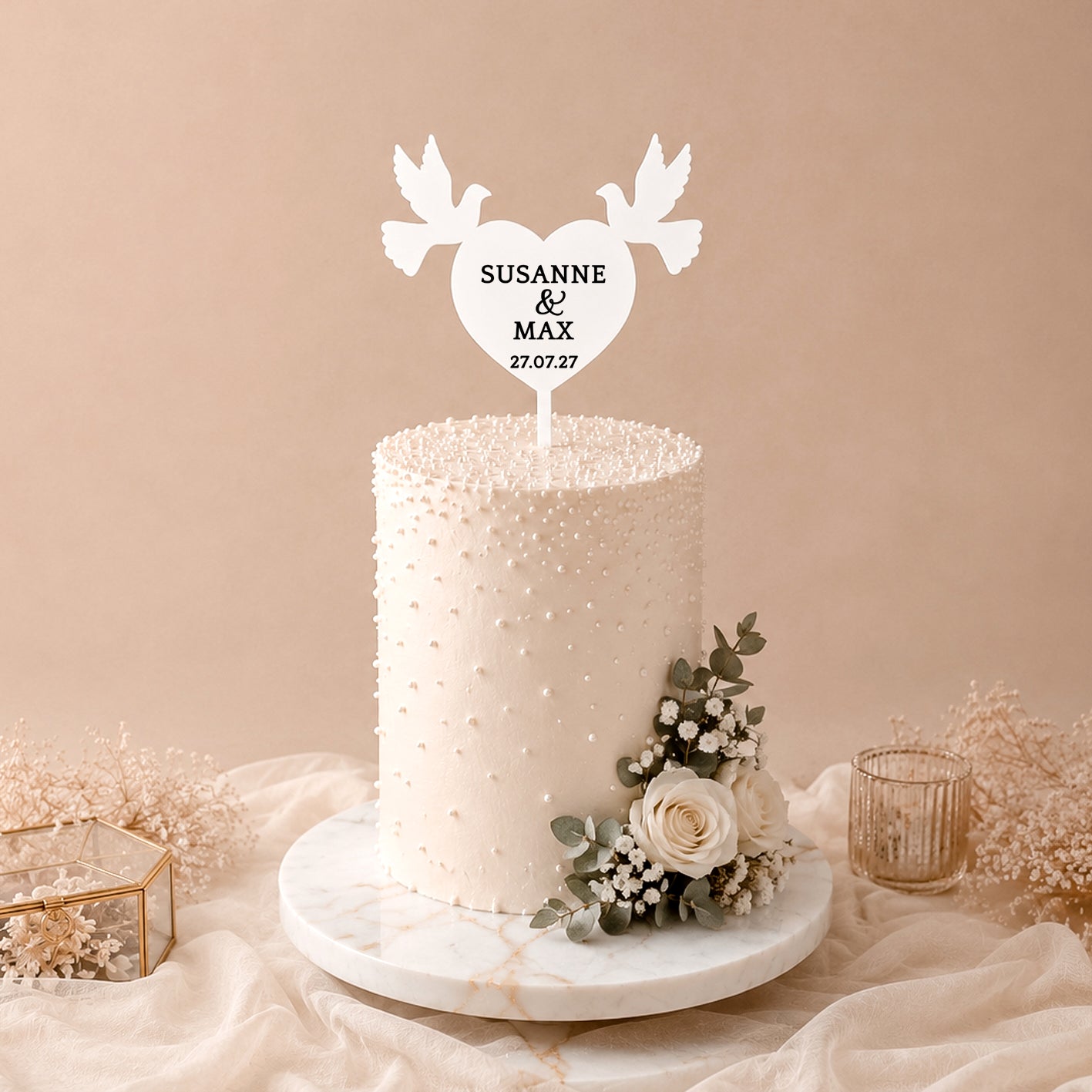 Cake Topper Hochzeit Herz mit Tauben * personalisiert mit zwei Vornamen & Datum