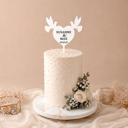 Cake Topper Hochzeit Herz mit Tauben * personalisiert mit zwei Vornamen & Datum