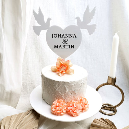 Cake Topper Hochzeit Herz mit Tauben * personalisiert mit zwei Vornamen & Datum