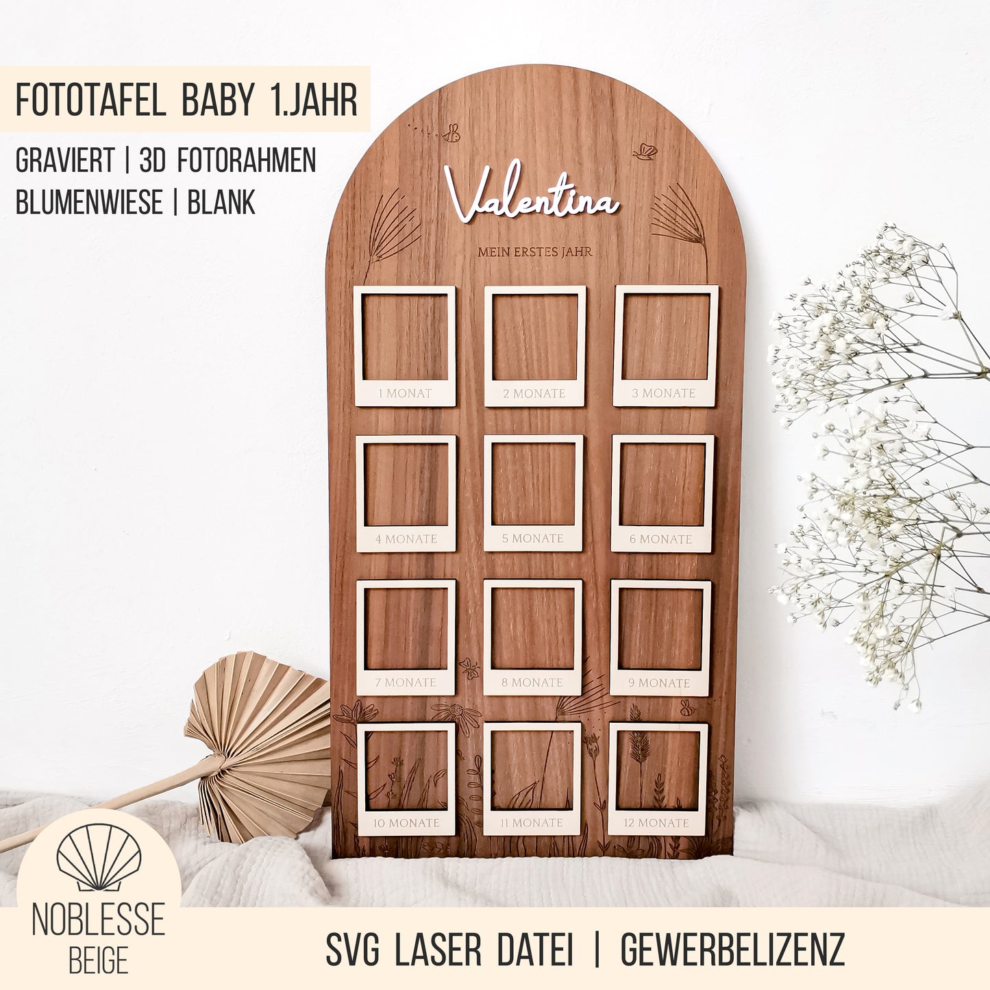 Fototafel | Meilensteintafel * Baby - Mein erstes Jahr * Design Blumenwiese * SVG Laserdatei