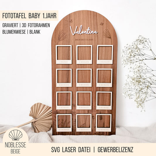 Fototafel | Meilensteintafel * Baby - Mein erstes Jahr * Design Blumenwiese * SVG Laserdatei