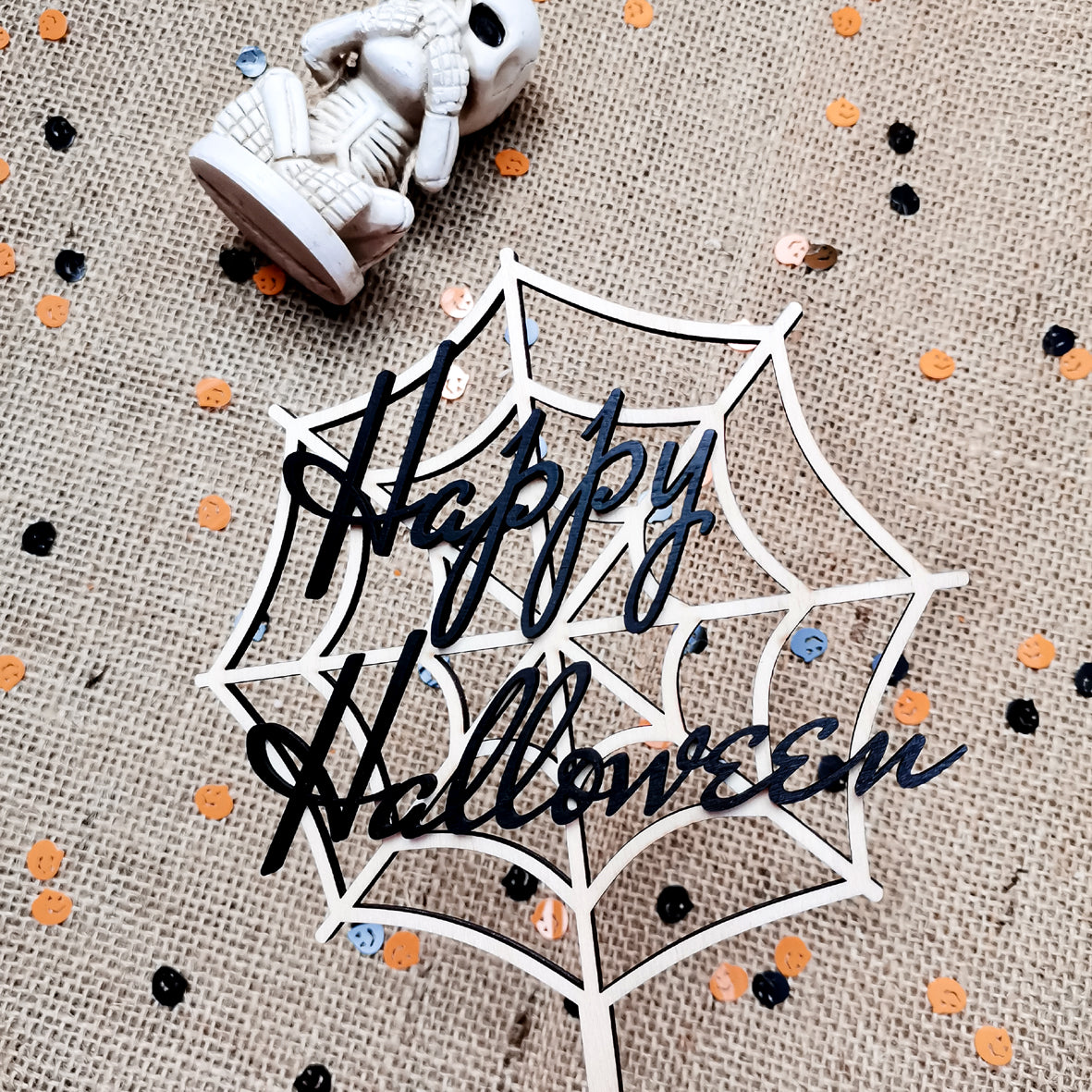 Cake Topper * Spinnennetz mit Happy Halloween Schriftzug * Holz