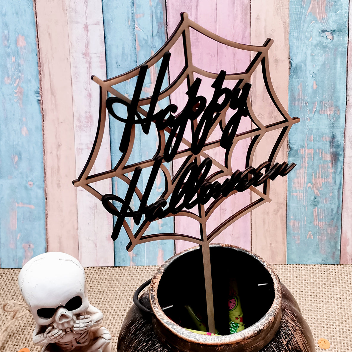 Cake Topper * Spinnennetz mit Happy Halloween Schriftzug * Holz