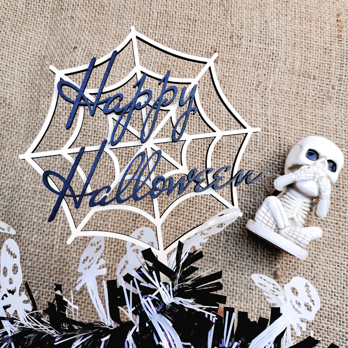 Cake Topper * Spinnennetz mit Happy Halloween Schriftzug * Holz