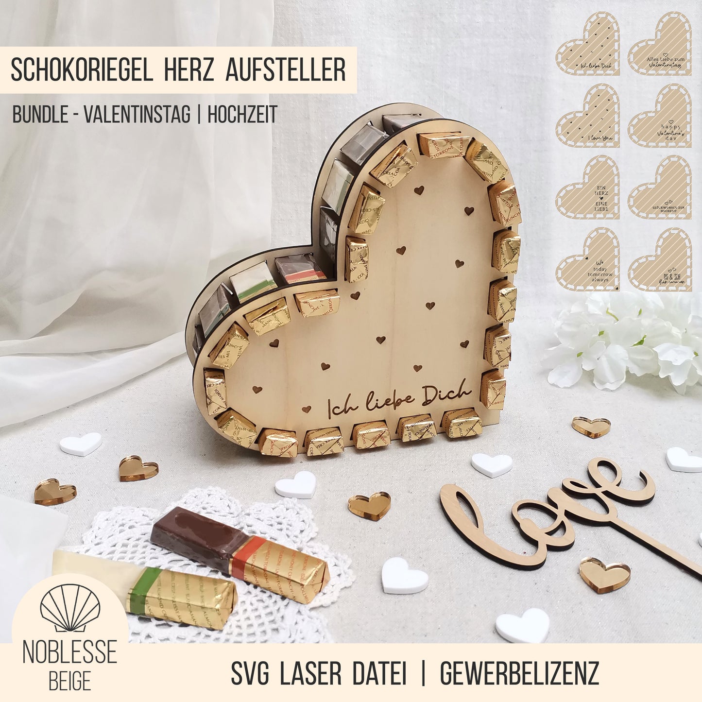 Herz Aufsteller für goldene Schokoriegel * Valentinstag & Hochzeit * 3mm | 4mm | 6mm * Bundle * SVG Laserdatei