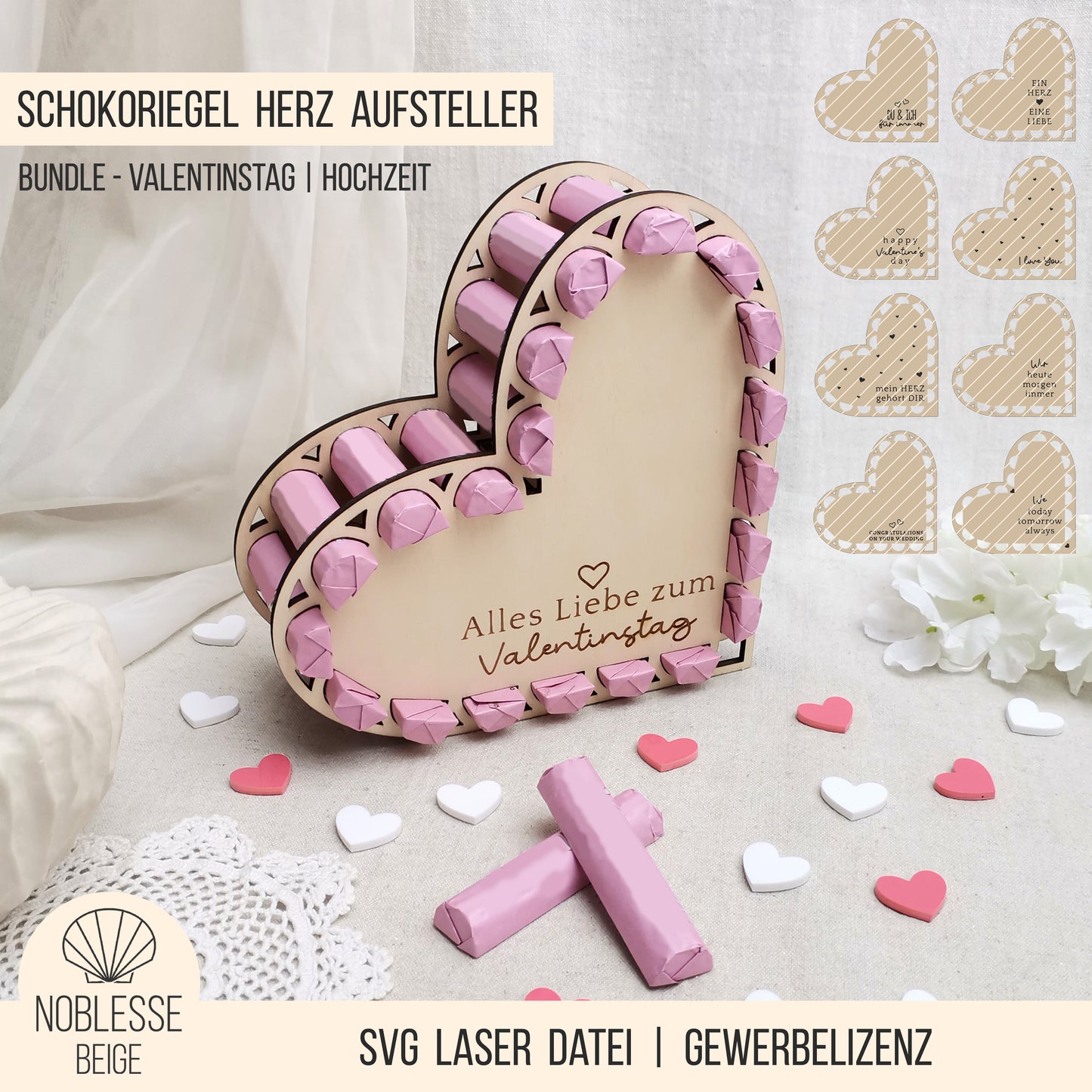 Herz Aufsteller für rosa Schokoriegel * Valentinstag & Hochzeit * 3mm | 4mm | 6mm * Bundle * SVG Laserdatei