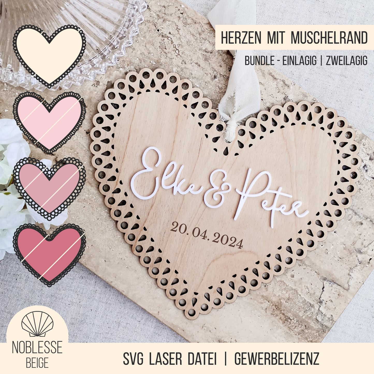 Herz Schild Muschelrand * einlagig | zweilagig * Bundle mit 20 Designs * SVG Laserdatei