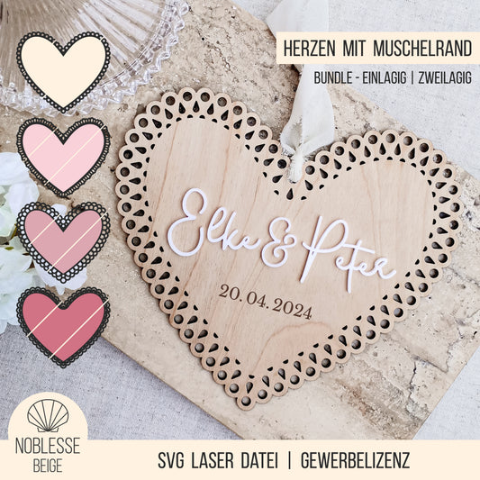 Herz Schild Muschelrand * einlagig | zweilagig * Bundle mit 20 Designs * SVG Laserdatei