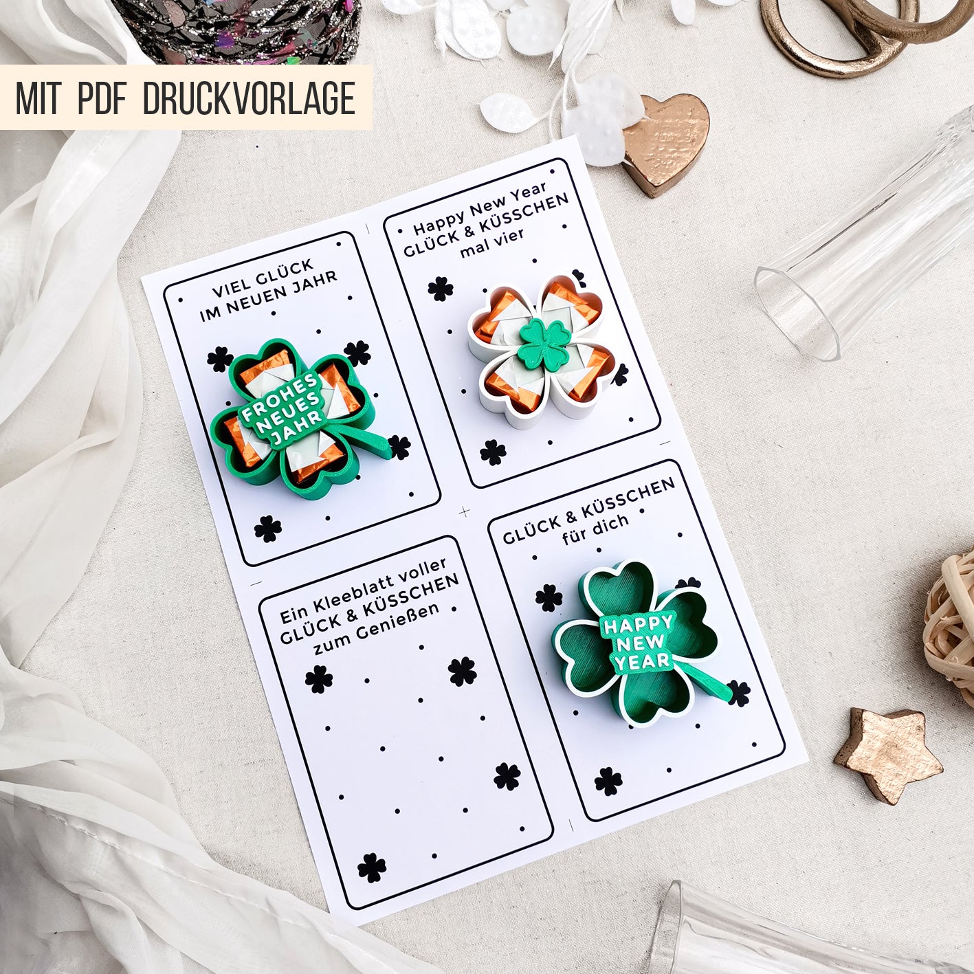 Kleeblatt Glücksbringer mit Schokolade * mit PDF Druckvorlage * Bundle * STL + 3MF 3D Druckdatei