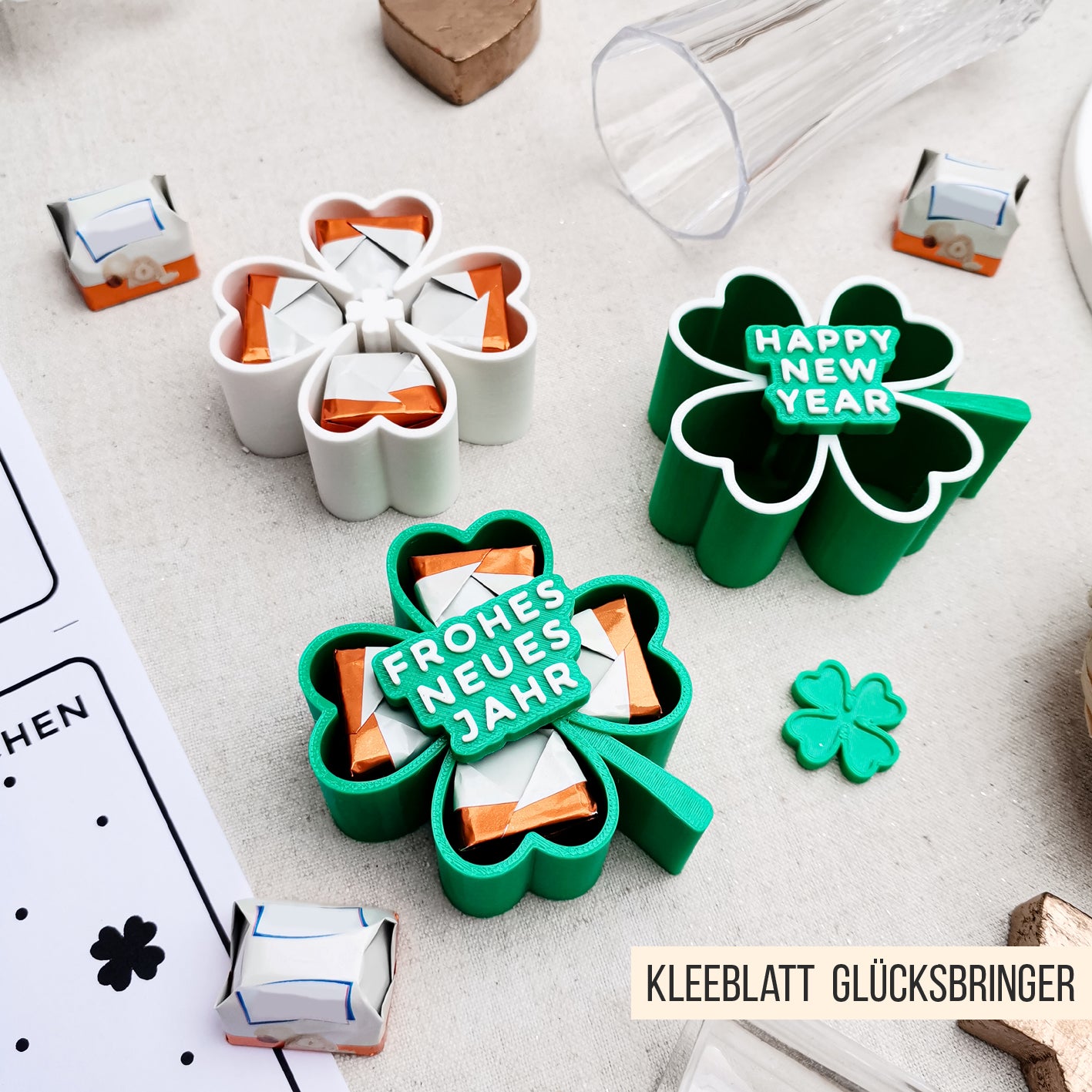 Kleeblatt Glücksbringer mit Schokolade * mit PDF Druckvorlage * Bundle * STL + 3MF 3D Druckdatei