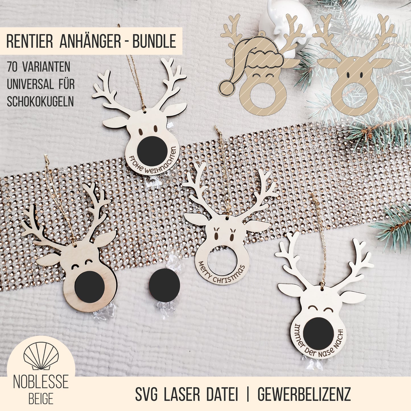 Rentier Anhänger für Schokoladekugel | Bundle | SVG Laserdatei