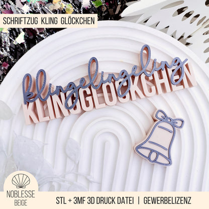 Kling Glöckchen Klingelingeling Schriftzug * Aufsteller & Glocke * Bundle * STL + 3MF 3D Druckdatei