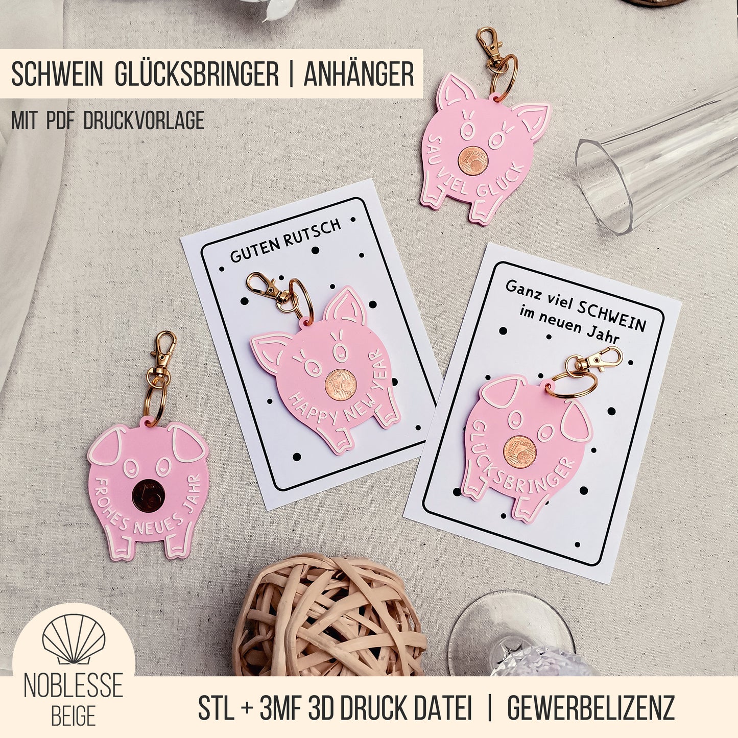 Schwein Glücksbringer & Schlüsselanhänger * mit PDF Druckvorlage * Bundle * STL + 3MF 3D Druckdatei