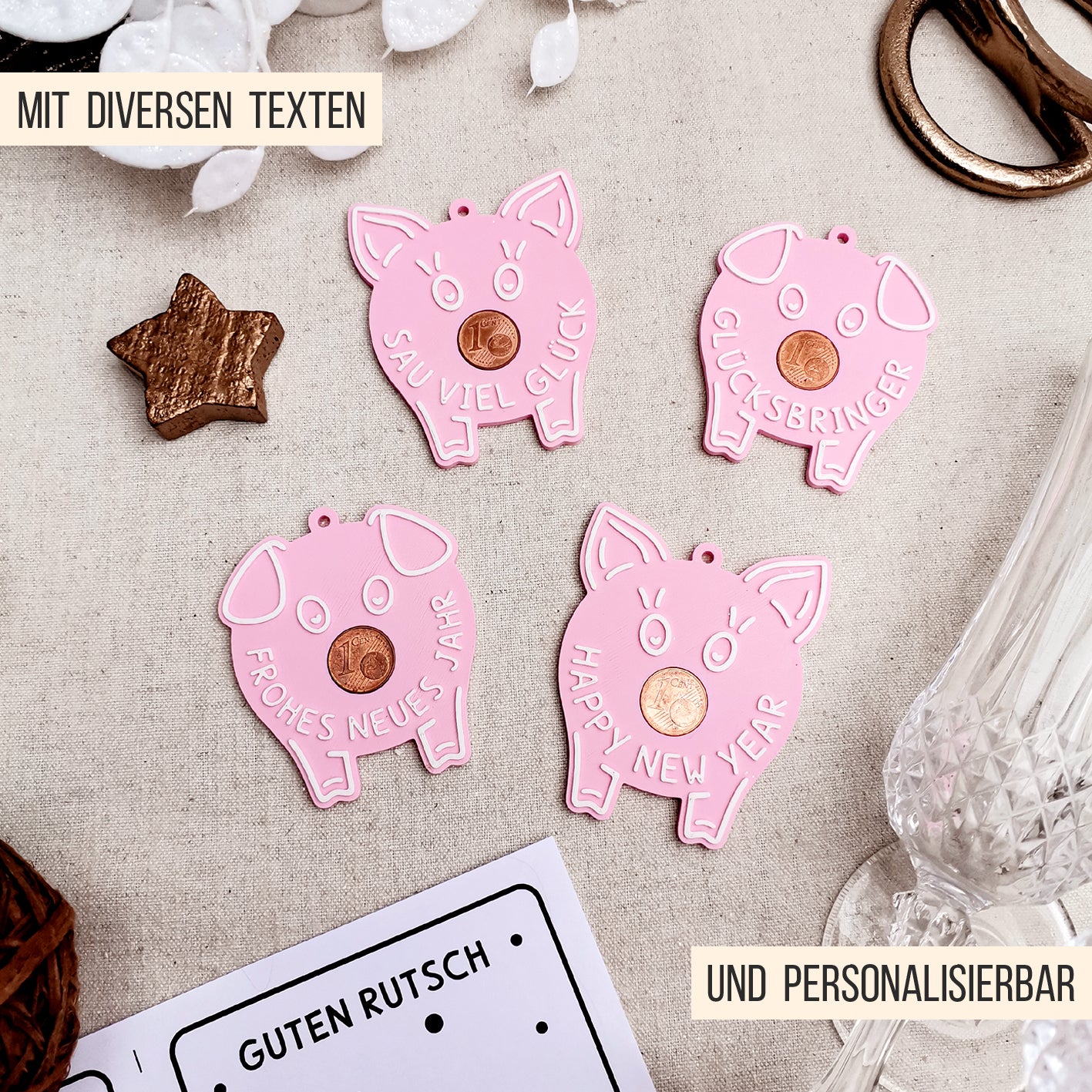 Schwein Glücksbringer & Schlüsselanhänger * mit PDF Druckvorlage * Bundle * STL + 3MF 3D Druckdatei