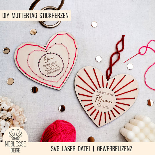 Stickherzen Muttertag * DIY Herz Schild mit Garn Stickerei * Bundle * SVG Laserdatei