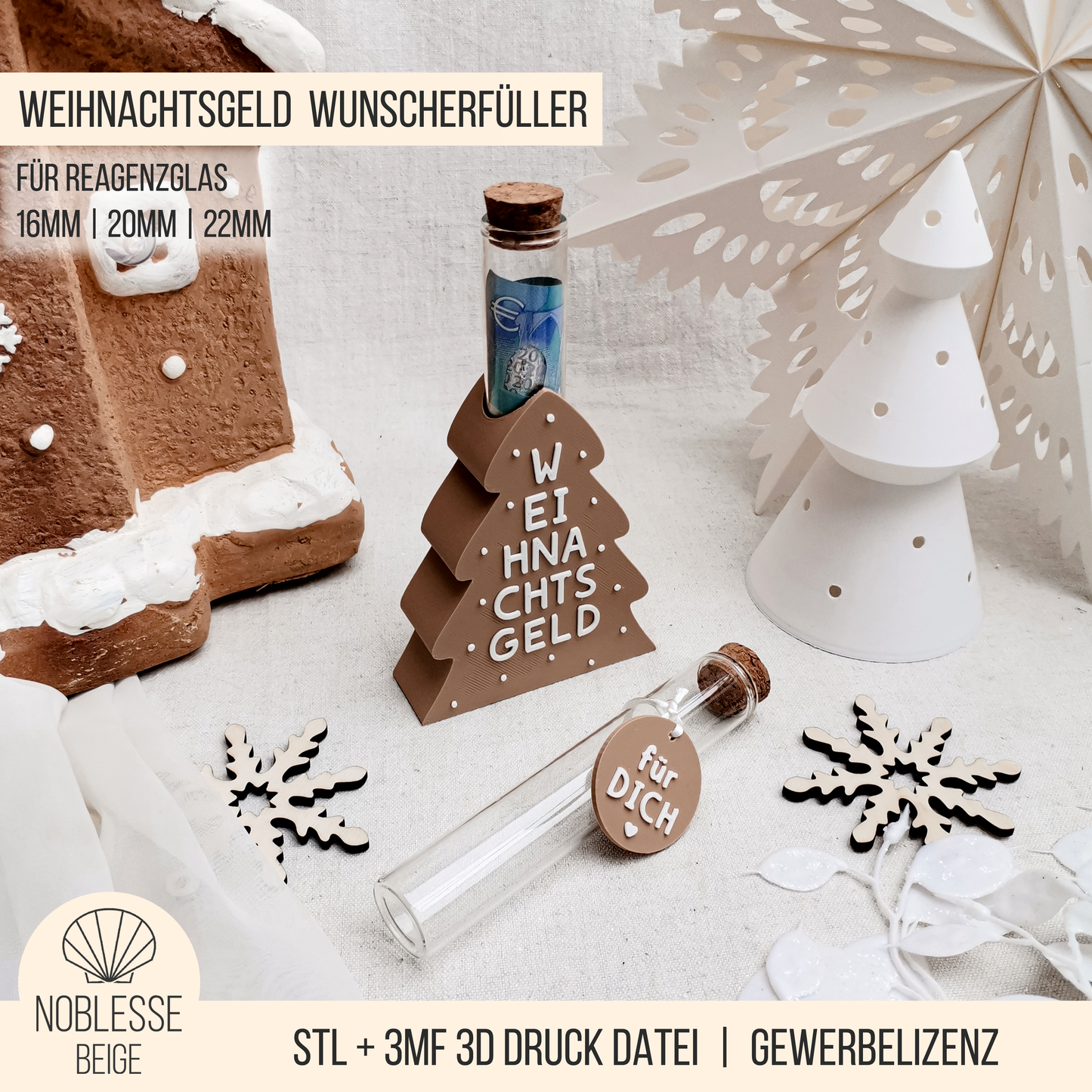 Frohe Weihnachten Schriftzug * Reagenzglas Wunscherfüller Geldhalter * 16mm | 20mm | 22mm * Bundle * STL + 3MF 3D Druckdatei