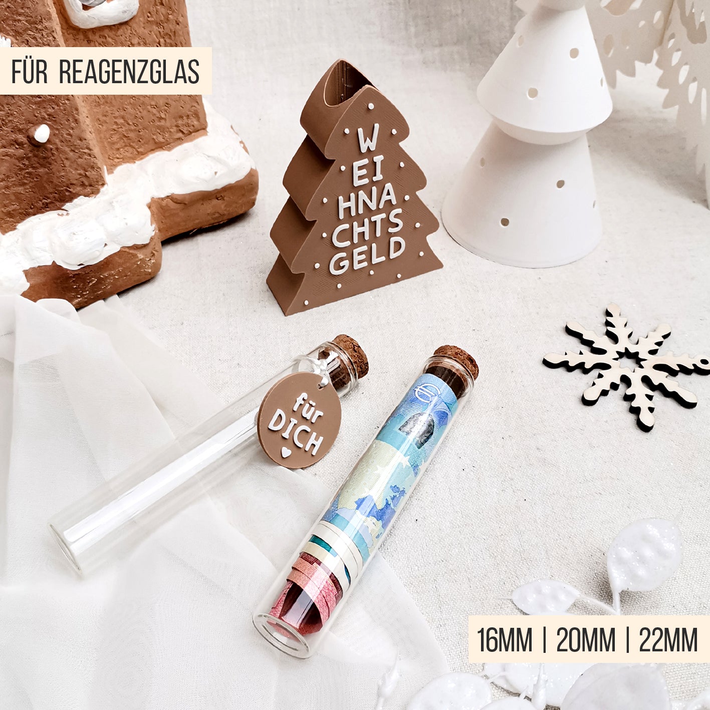 Frohe Weihnachten Schriftzug * Reagenzglas Wunscherfüller Geldhalter * 16mm | 20mm | 22mm * Bundle * STL + 3MF 3D Druckdatei