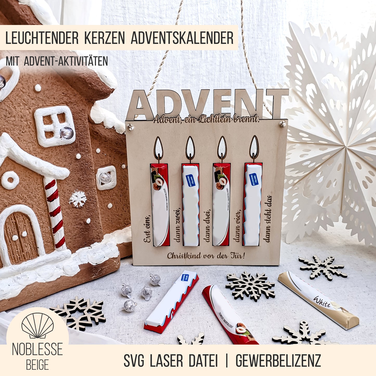 Adventskalender mit 4 Schokoriegel Kerzen * beleuchteter moderner Adventskranz & Advent Aktivitäten * Bundle * SVG Laserdatei