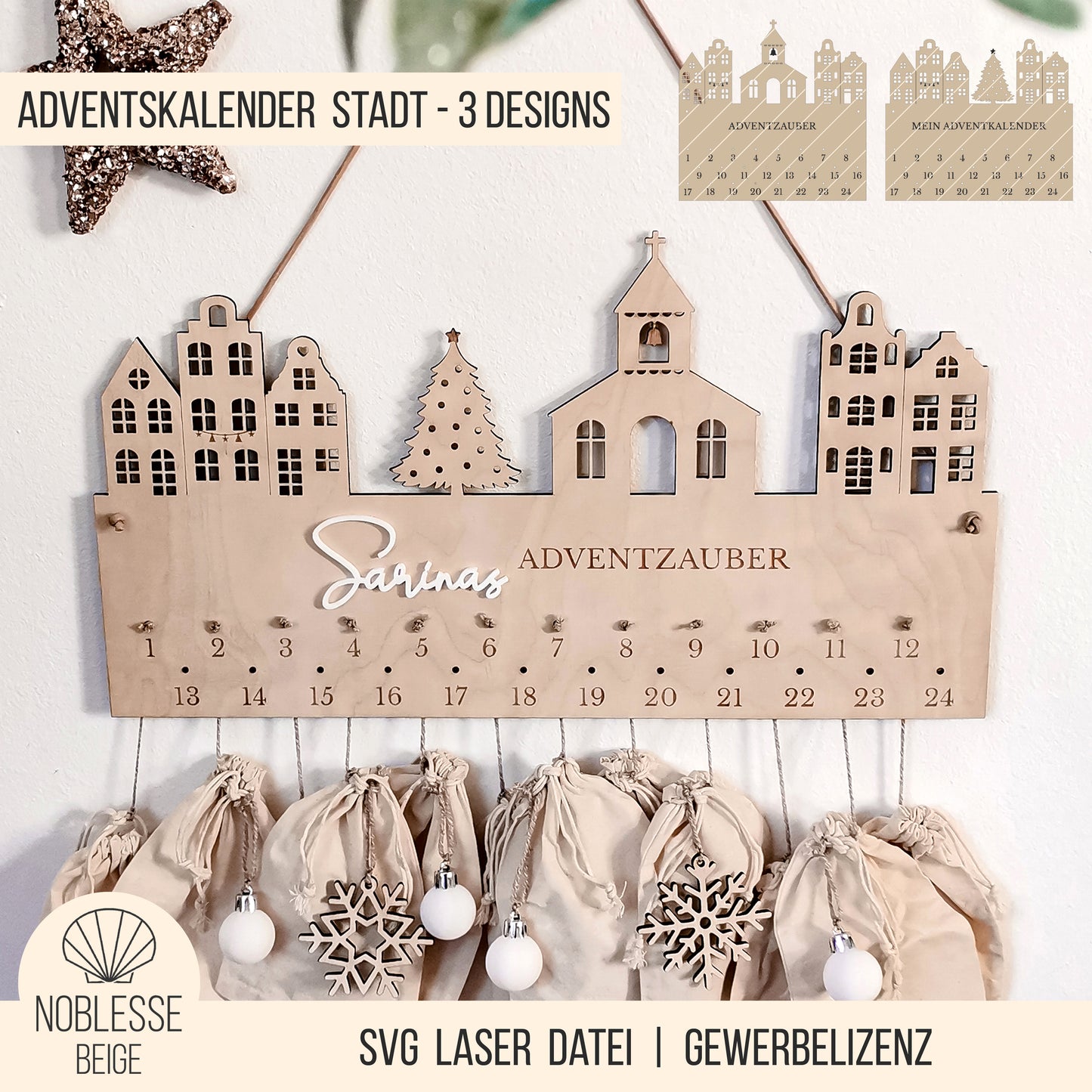 Adventskalender Weihnachtsstadt * Stadt Häuser Kirche Tannenbaum * Bundle mit 2 Größen * SVG Laserdatei