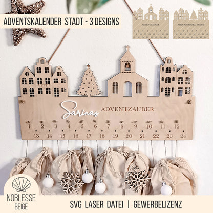 Adventskalender Weihnachtsstadt * Stadt Häuser Kirche Tannenbaum * Bundle mit 2 Größen * SVG Laserdatei