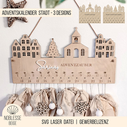Adventskalender Weihnachtsstadt * Stadt Häuser Kirche Tannenbaum * Bundle mit 2 Größen * SVG Laserdatei