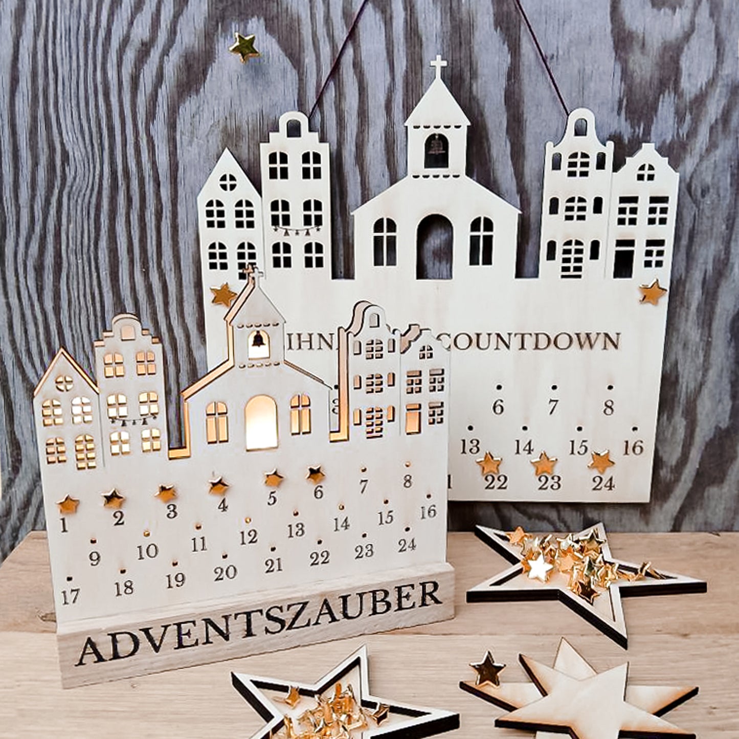 Adventskalender Weihnachtsstadt * Stadt Häuser Kirche Tannenbaum * Bundle mit 2 Größen * SVG Laserdatei