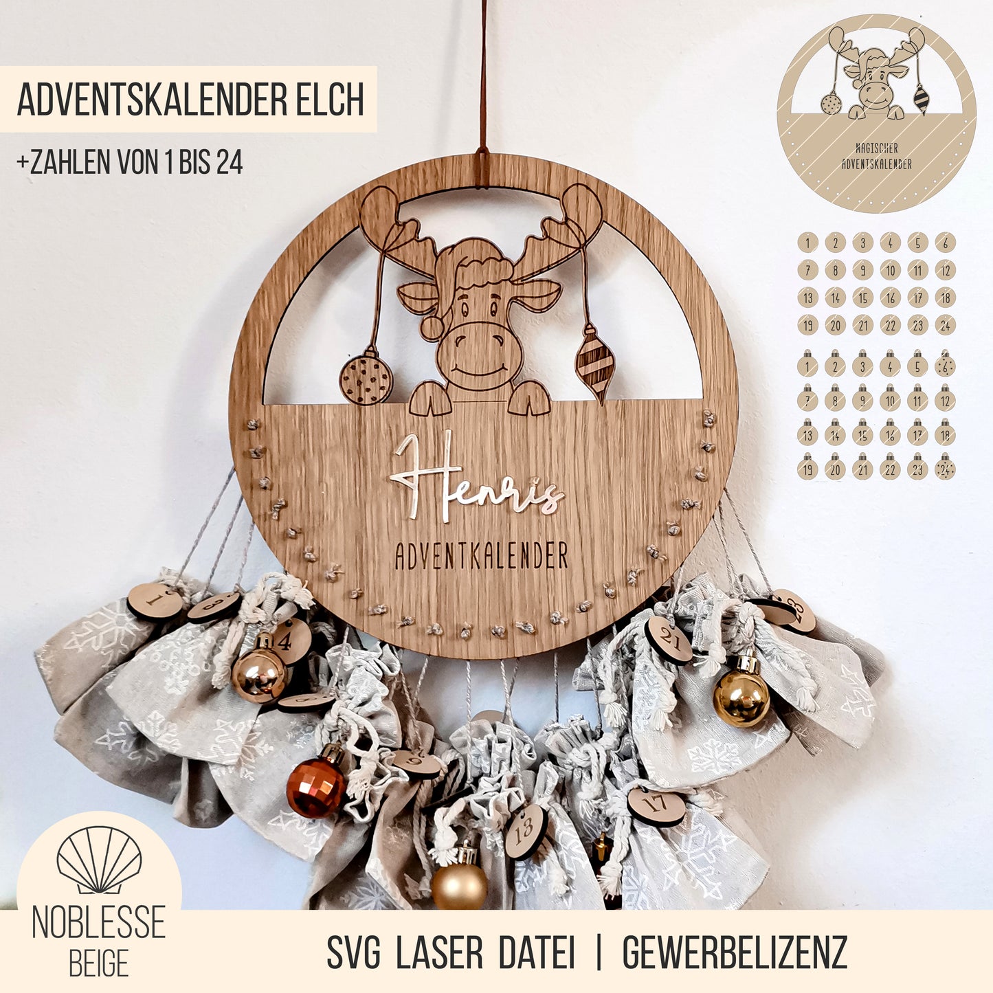Adventskalender Elch mit Weihnachtskugeln * mit Zahlen Set 1 bis 24 * personalisierbar * SVG Laserdatei
