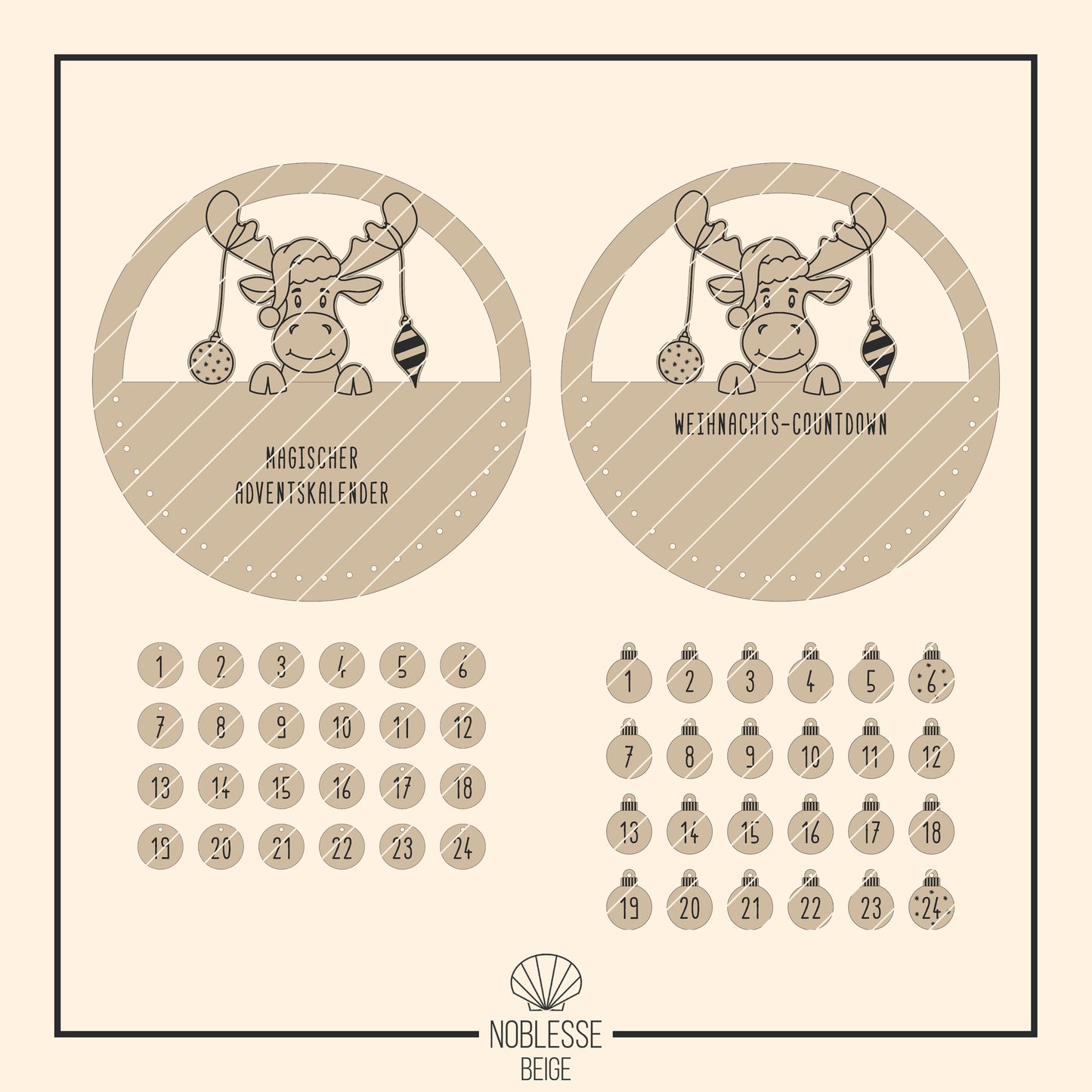 Adventskalender Elch mit Weihnachtskugeln * mit Zahlen Set 1 bis 24 * personalisierbar * SVG Laserdatei