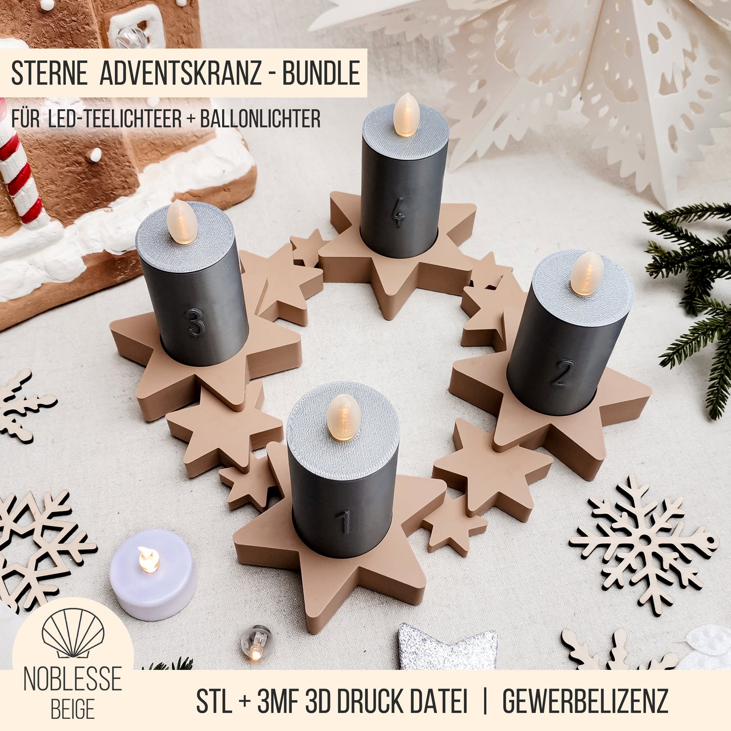 Sterne Adventskranz mit Kerzen * für LED Teelicht | Ballonlicht * Bundle * STL + 3MF 3D Druckdatei